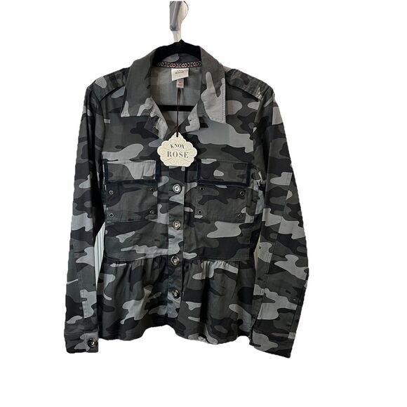 Knox Rose Military Camo Jacket Women Size M Gray Fitted Waist Button Up NEW - Picture 1 of 9